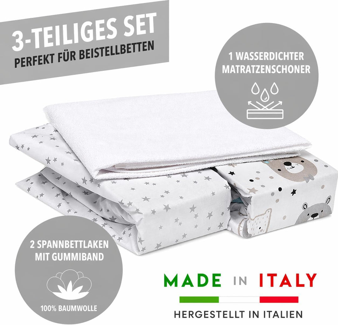 FlyIdeas Spannbettlaken 60x120 cm fur Babybett, 3 STK. - 100% Reine und Sanft Baumwolle - 2 Spannbet