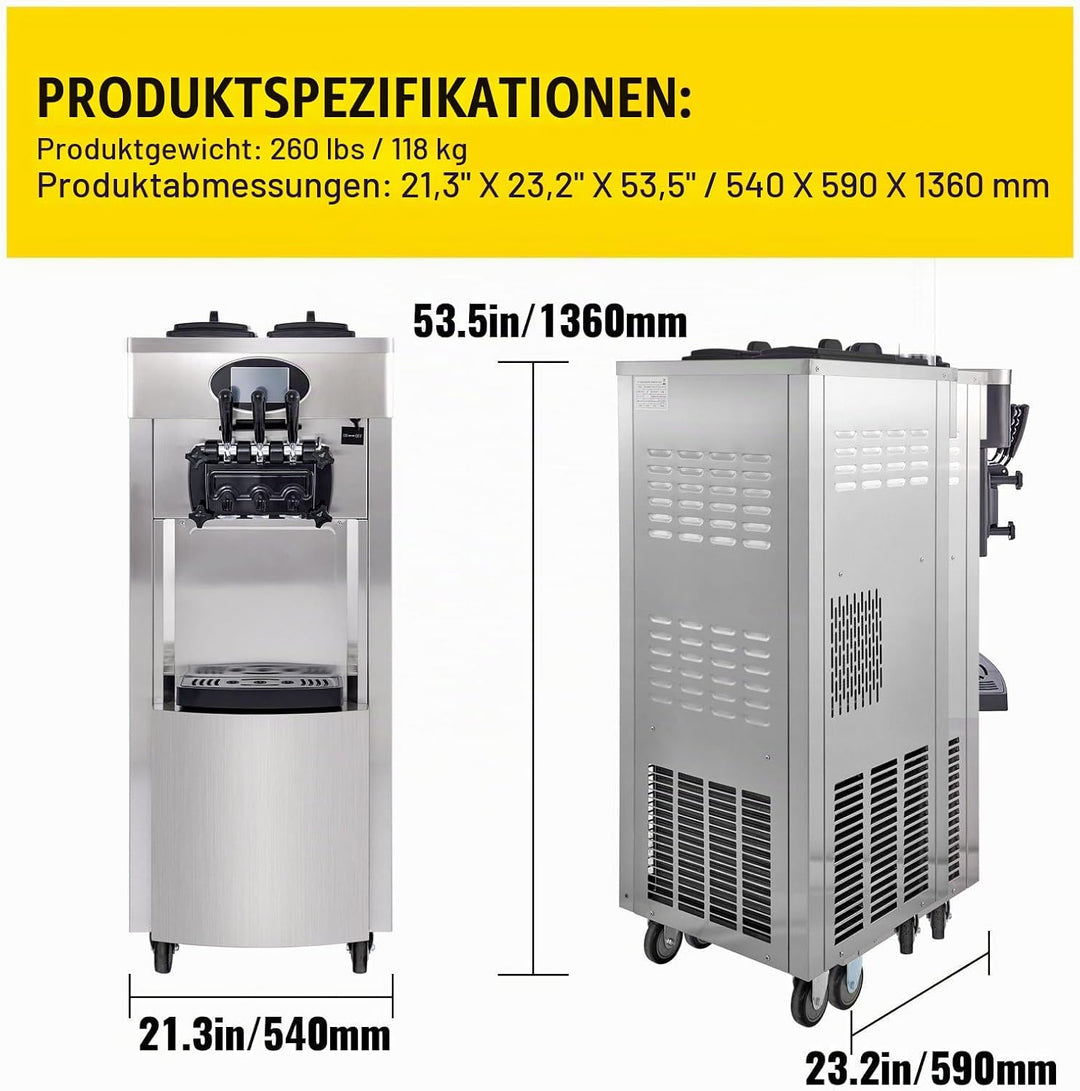 Kommerzielle Eismaschine, 20–28 L/h Leistung, 2200 W, Freistehende Softeismaschine mit 3 Geschmacksr