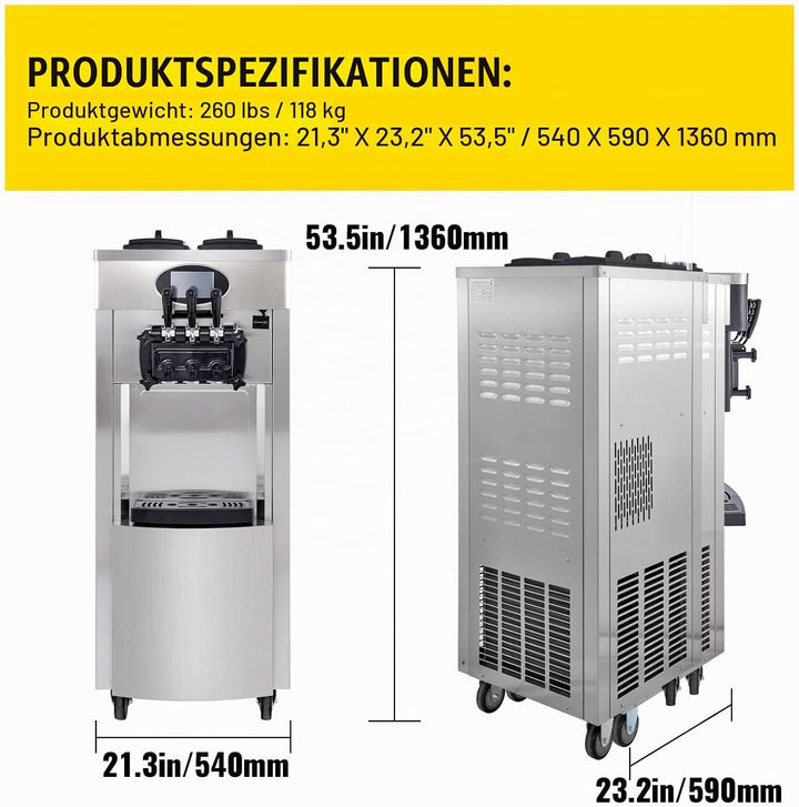 Kommerzielle Eismaschine, 20–28 L/h Leistung, 2200 W, Freistehende Softeismaschine mit 3 Geschmacksr