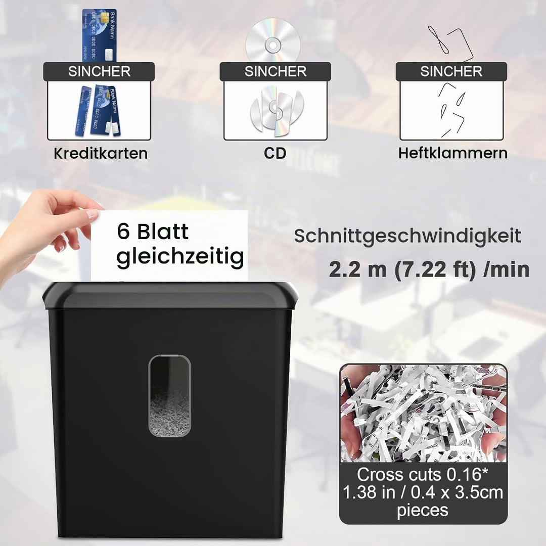 Aktenvernichter,6 Blatt Kreuzschnitt Papierschredder,Sicherheitsstufe P4,Schredder mit 11L Papierkor
