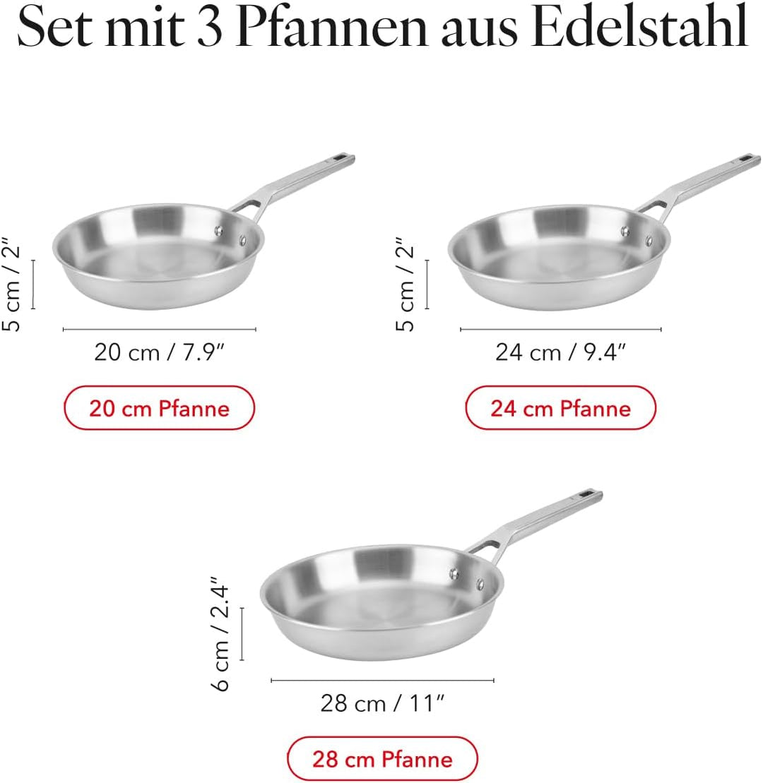Florina Set Bratpfannen aus Edelstahl LUCIDA | 20 CM, 24 CM, 28 CM | 3-teilig | 3-Schicht-Konstrukti