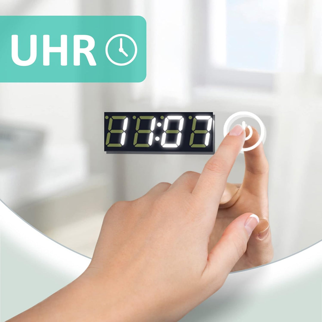 Boromal LED Badspiegel mit Uhr und Beleuchtung 60cm Rund Badezimmerspiegel 3 Lichtfarbe Dimmbar 3000