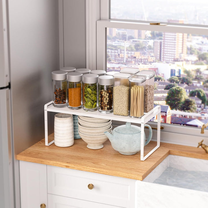 SANNO Erweiterbares Schrankregal, stapelbar, Thekenregal, Organizer für Schrank, Teller, Geschirr, T