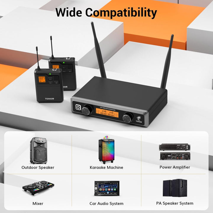 TONOR Duales UHF Mikrofon Kabellos Set mit 2 Bodypack Transmitter/Headset/Lavalier Wireless Micropho