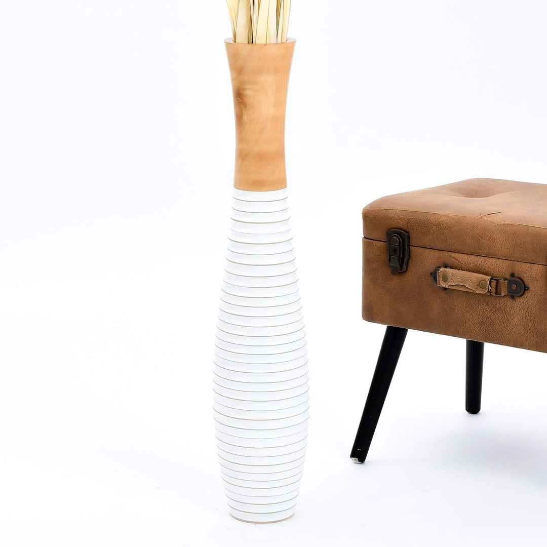 Leewadee Grosse Bodenvase für Dekozweige hohe Standvase Design Holzvase, Holz, 70 cm, Natur Weiss 70