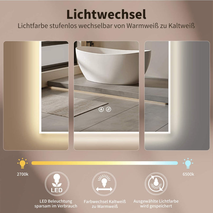HOKO LED Bogenspiegel Beschlagfrei 50x90 cm / 90x50 cm Modesto mit Weisser Metallrahmen, HOCH+QUER M