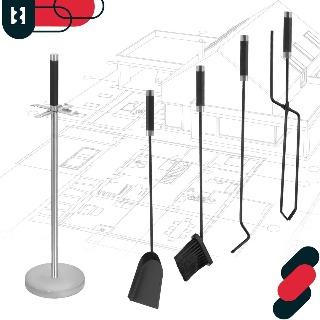 KOTARBAU® 5tlg. Kamingarnitur aus Stahl mit Schwarzem Griff