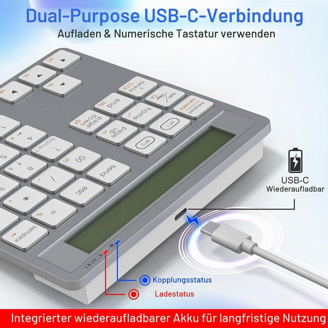 2-in-1 Ziffernblock Bluetooth- 34 Tasten Nummernblöcke mit Taschenrechner für PC/Laptop/Handy/iPhone