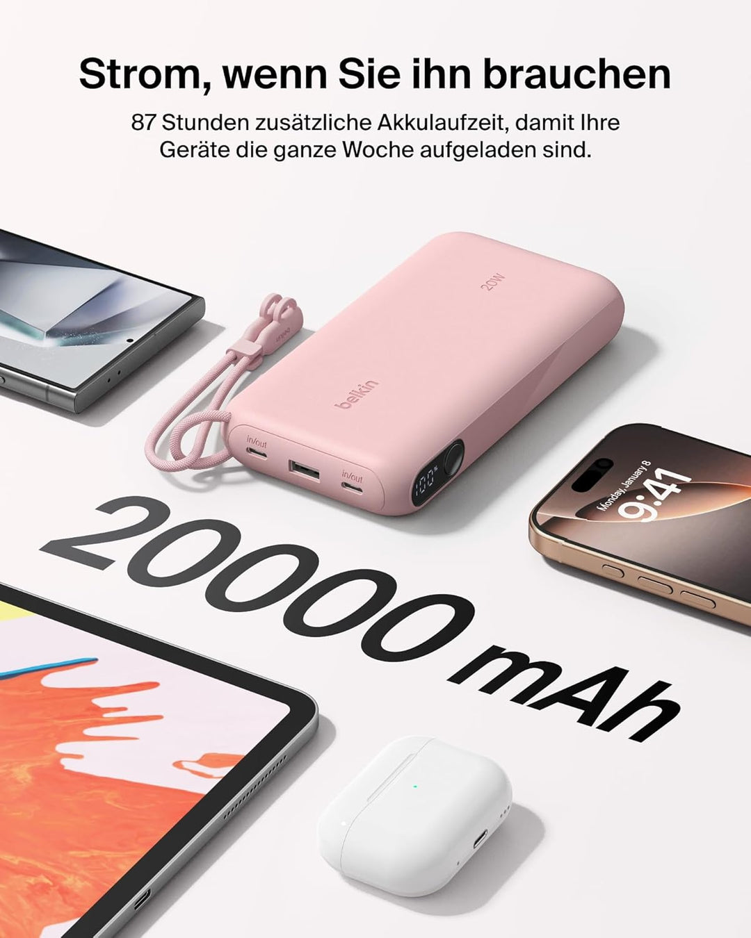 Belkin BoostCharge 20000mAh Power Bank, Digitale Akkuanzeige – Rosa | 20K Powerbank, 2 USB-C, 1 USB-