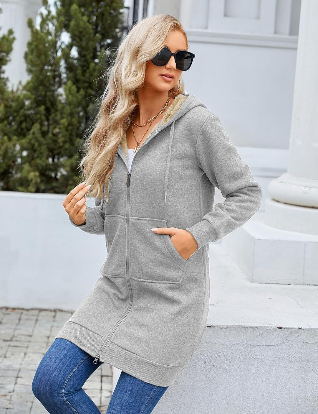 Nadeer Damen Mantel Plüschjacke mit Kapuze Lang Gefüttert Hoodies Plüsch Reissverschluss Mittellang