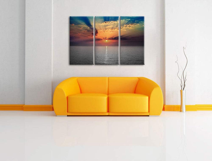 bezaubernder Sonnenuntergang über dem Meer schwarz/weiss 3-Teiler Leinwandbild 120x80 Bild auf Leinw