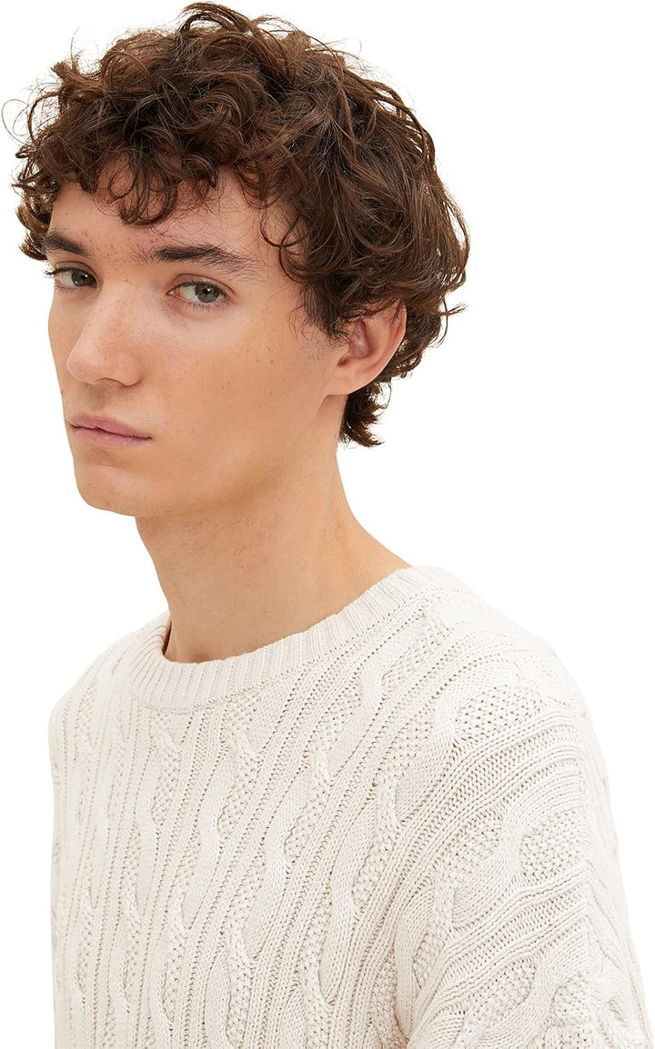 TOM TAILOR Denim Herren Pullover mit Zopfmuster XL 30656 - Cosy Light Beige Melange, XL 30656 - Cosy