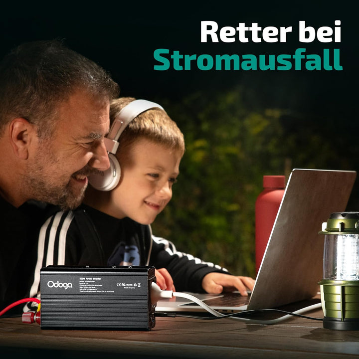 Odoga Wechselrichter 12V auf 230V – 500W Spannungswandler, Stromwandler mit 3A USB-A & USB-C Anschlü