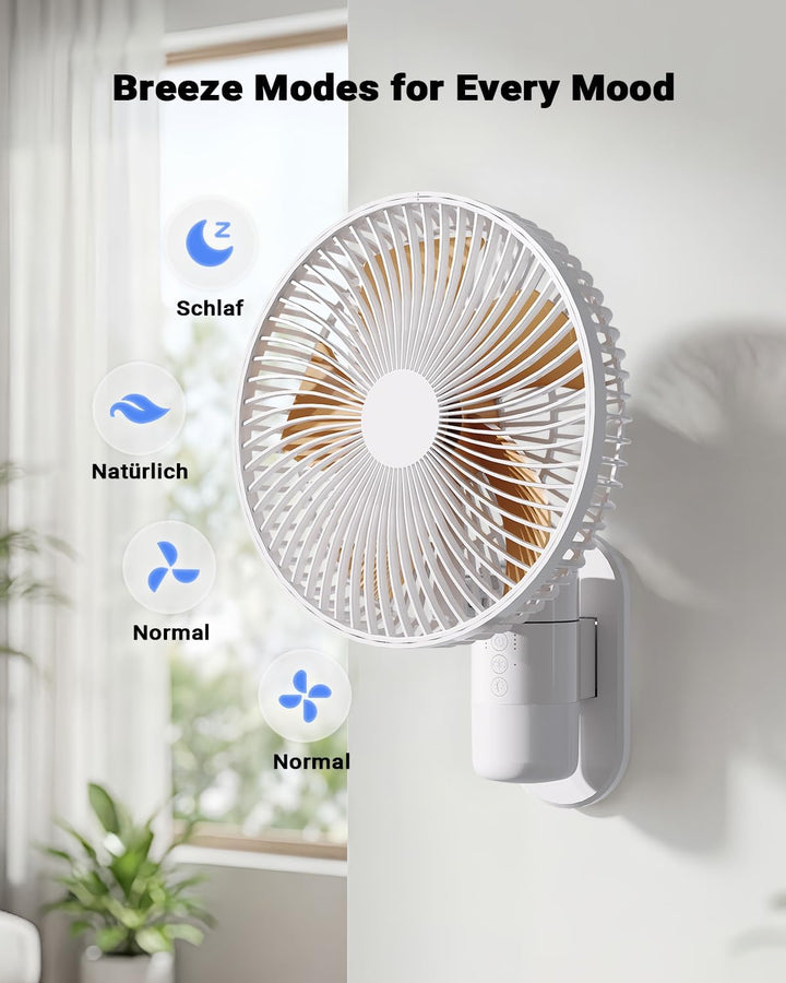 26 cm Wandventilator mit Licht & Fernbedienung für kleine Räume, 30 dB leise, 5,2 m/s Luftstrom, Tim