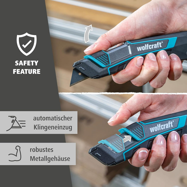 wolfcraft Trapezklingen-Messer-Set PRO SAFETY mit Köcher - 8669060 - Praktisches Set aus Sicherheits
