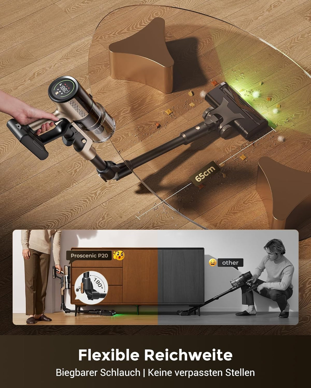 Proscenic P20 Akku Staubsauger mit Wischfunktion, 70KPa 70 Mins 680W Staubsauger Kabellos mit Selbst