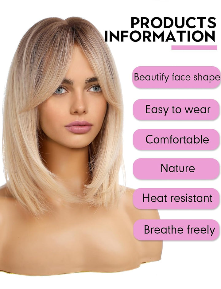 WOKESTAR Kurzes Blond mit Dunklen Wurzeln Farbe Perücken für Frauen, Bob Style Synthetische Hitzebes