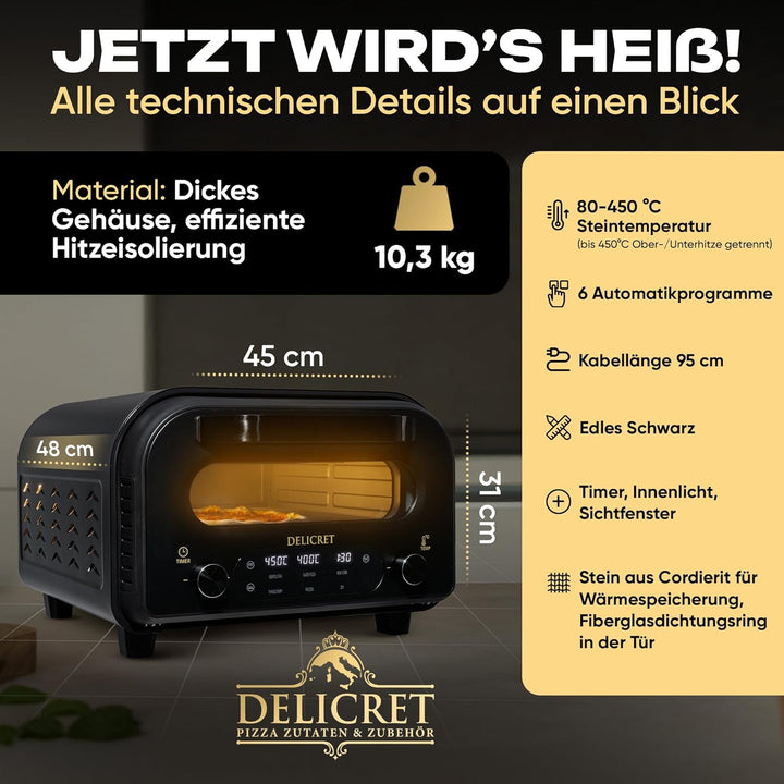 DELICRET elektrischer Pizzaofen 12” mit Pizzaschieber &amp; Pizzateig Starter Kit für Pizza Napoletana -
