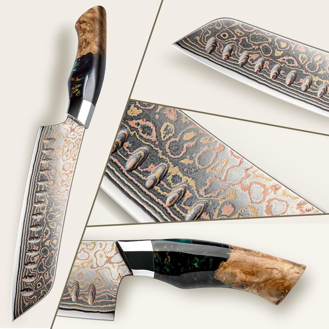 SHAN ZU Kupfer Damastmesser Santokumesser Kochmesser Handgeschmiedetes Japanisches Scharfe Messer, 3