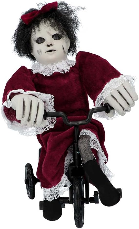 Boland 73048 - Interaktive Horror-Puppe auf Fahrrad, Grösse 35 x 21 cm, Angry Mathilde, Grusel-Puppe