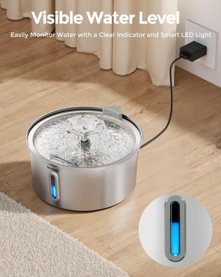 Katzenbrunnen Edelstahl, 3.2L Ultra-Leiser Trinkbrunnen für Katze mit Wasserstandsanzeige und 5-Fach