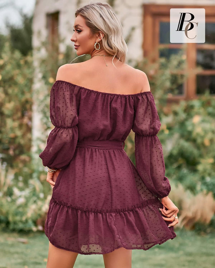 BebreezChic Kleid Damen Elegant Langarm Off Shoulder Einfarbig Swiss Dot Luftig Sommerkleid Miniklei