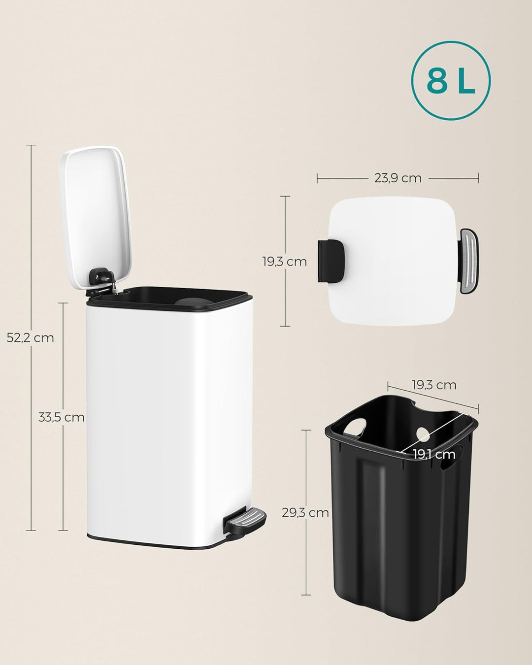 SONGMICS Kosmetikeimer, 8 Liter, Mülleimer Bad, kleiner Abfalleimer, Tretmülleimer, mit Pedal, für k