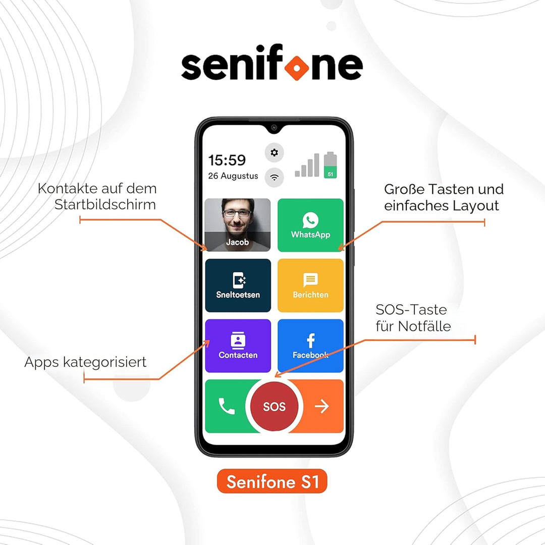 S1 Senioren Smartphone - Schwarz - Für Ältere - 32GB - WhatsApp & SOS Funktion