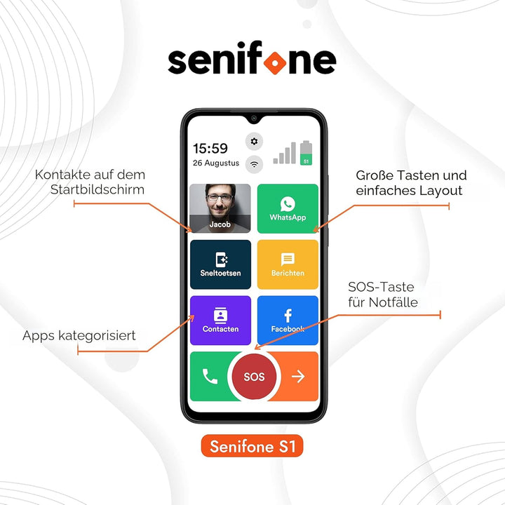 S1 Senioren Smartphone - Schwarz - Für Ältere - 32GB - WhatsApp & SOS Funktion