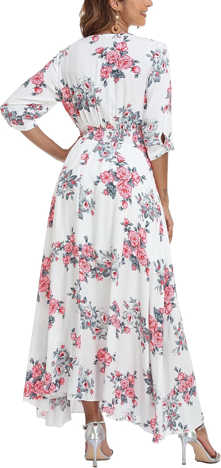 VOGMATE Damen Lange Split Knopf Up Sommer Maxikleid Floral Strandwear Holidy Kleid Hohe Taille mit k