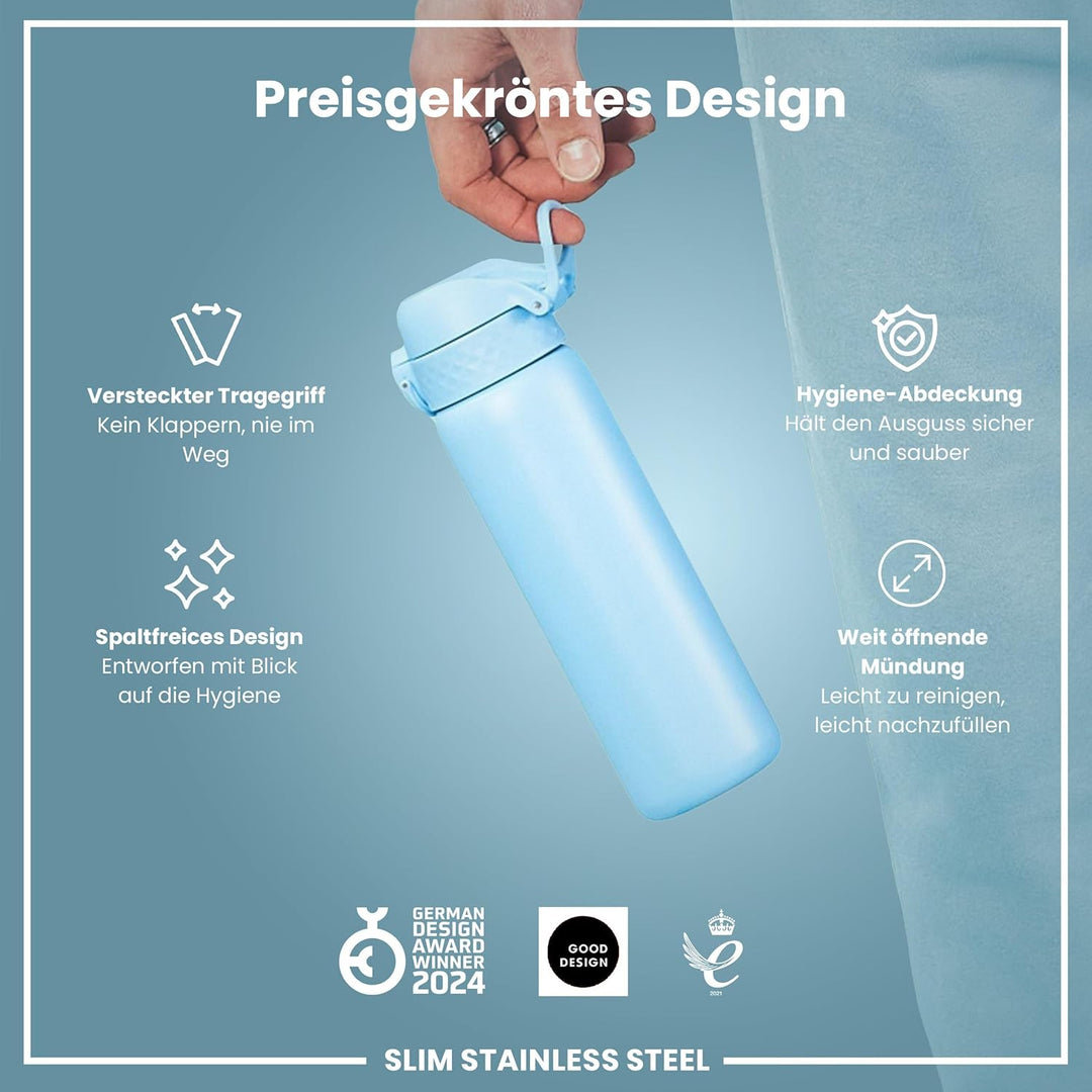 Ion8 Stahl-Trinkflasche, 600 ml, Auslaufsicher, Einhandöffnung, Sichere Verriegelung, Spülmaschinenf