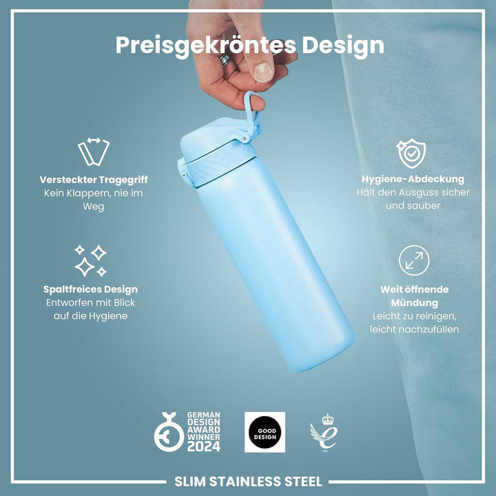 Ion8 Stahl-Trinkflasche, 600 ml, Auslaufsicher, Einhandöffnung, Sichere Verriegelung, Spülmaschinenf