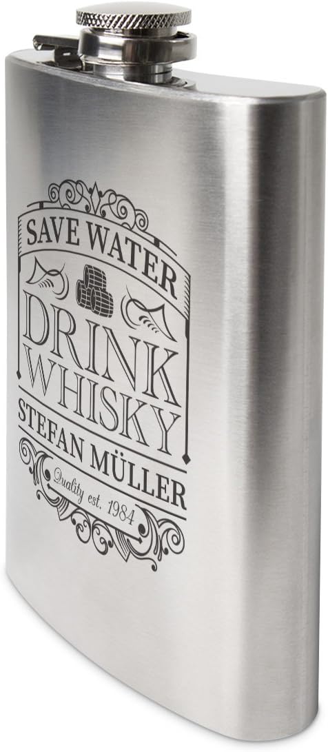 Flachmann Edelstahl 8oz. 237 ml mit individueller Gravur - Save Water Drink Whisky, Save Water Drink