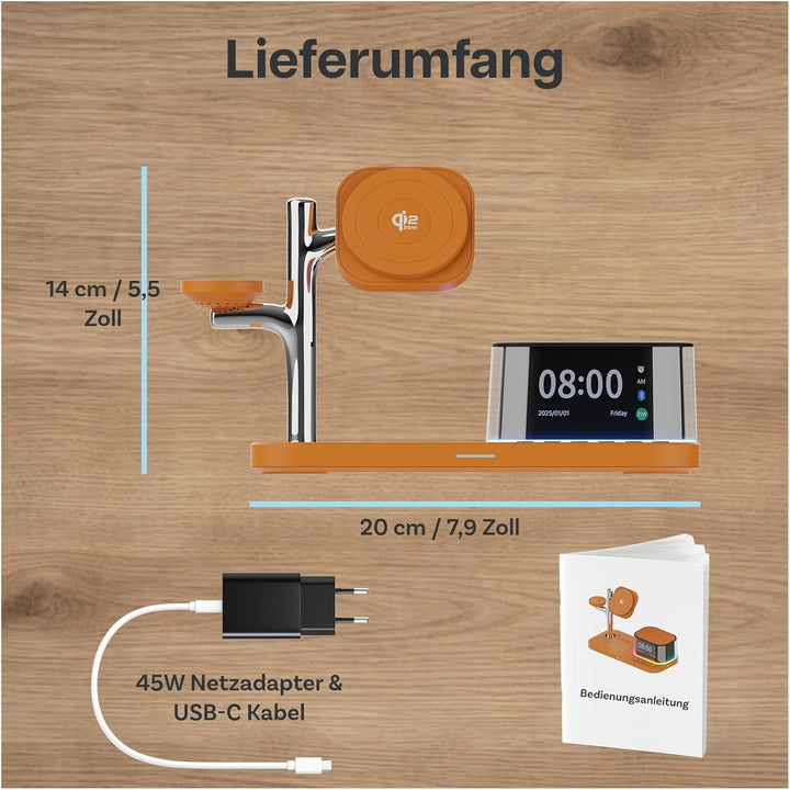 Kabellose Ladestation 5-in-1 mit Wecker, Bluetooth-Lautsprecher & LED-Nachtlicht für MagSafe von MMO
