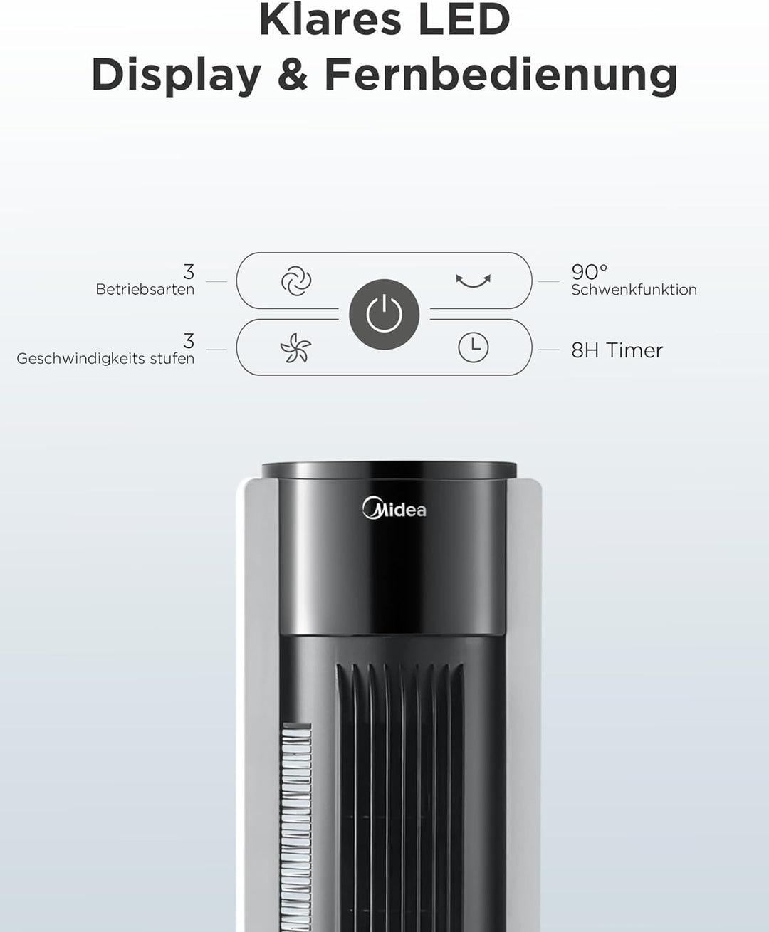 Midea FZ10-19BRA Turmventilator, robuster Kupfermotor, Luftzufuhr nach innen, Fernbedienung, 7-Stund