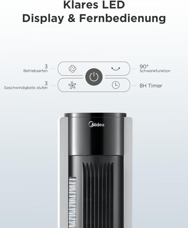 Midea FZ10-19BRA Turmventilator, robuster Kupfermotor, Luftzufuhr nach innen, Fernbedienung, 7-Stund