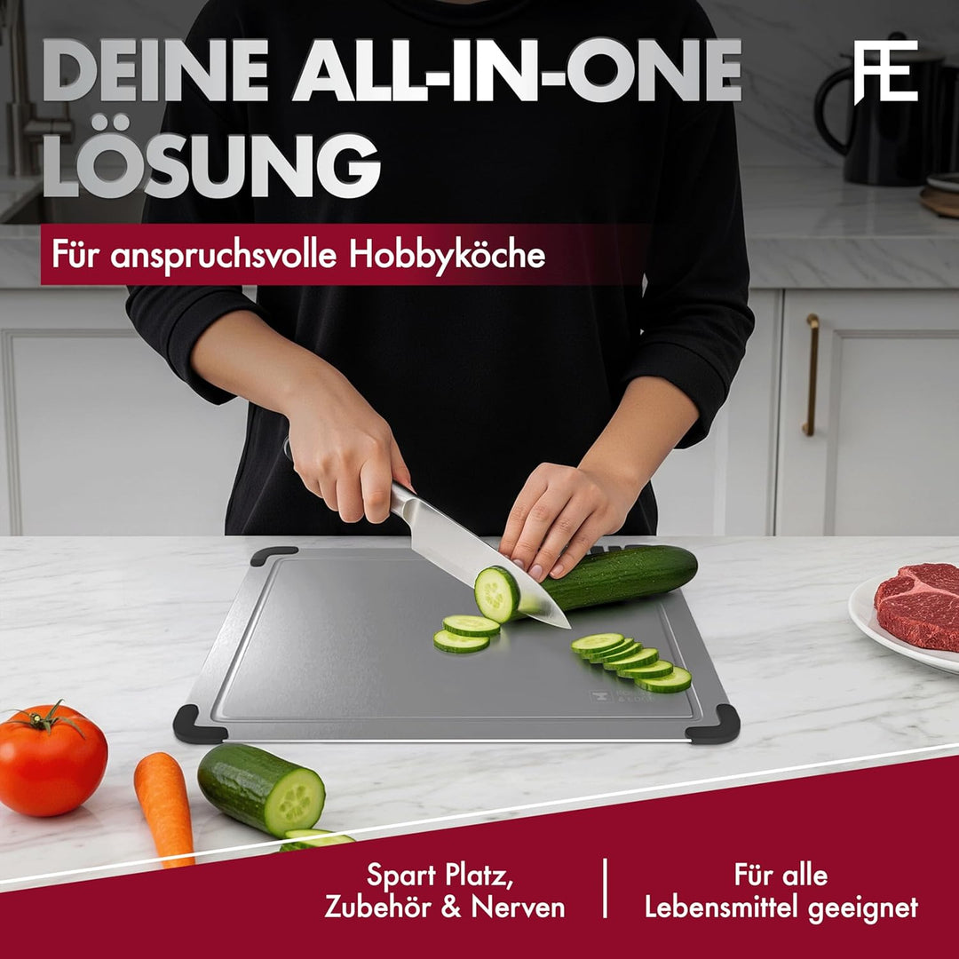 FORGE & EDGE Schneidebrett Edelstahl - Premium cutting board mit integriertem Messerschärfer, Saftri