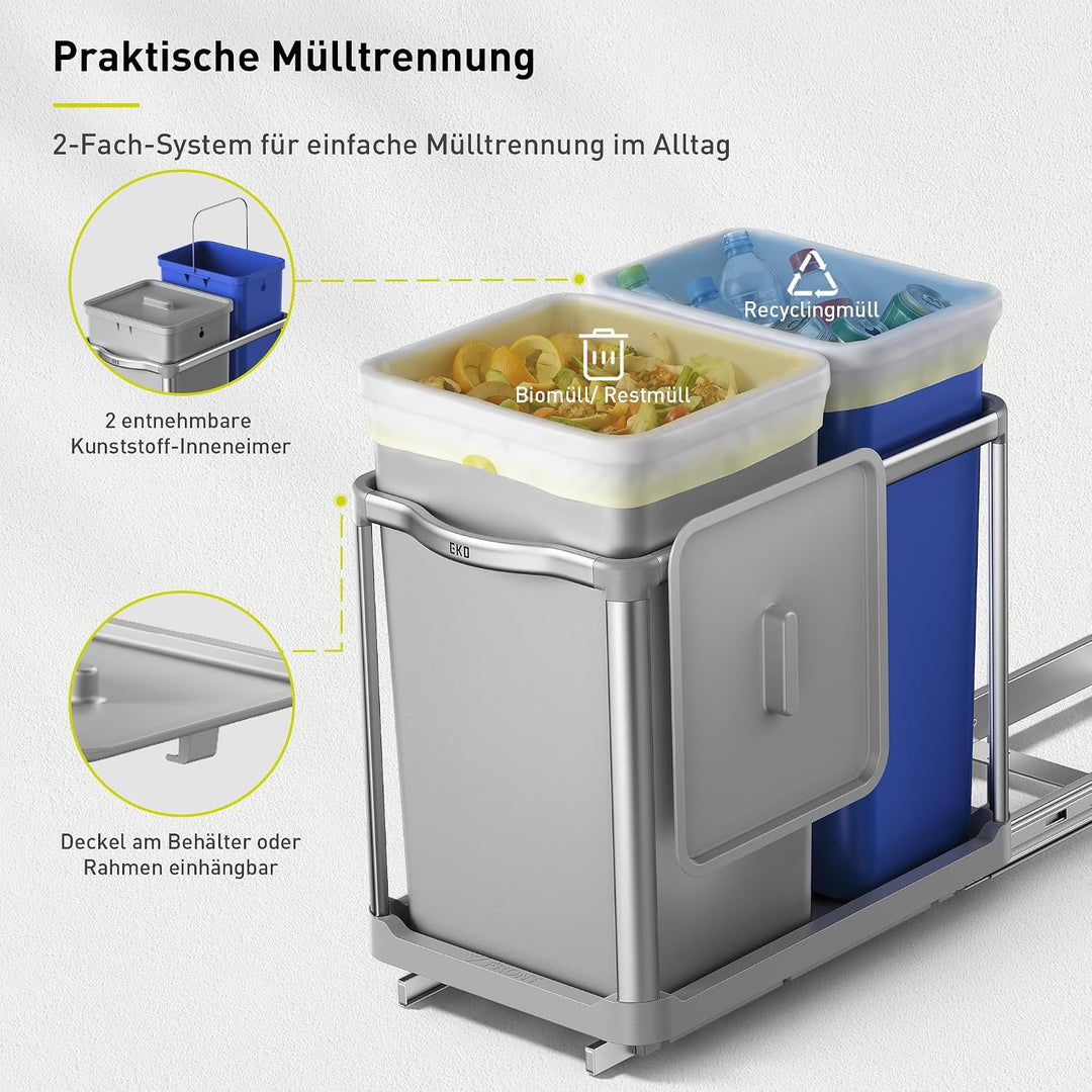 EKO DECO Mülleimer Küche Unterschrank, 34 L + 24 L, 2-fach Mülltrennsystem, ausziehbarer Mülleimer u