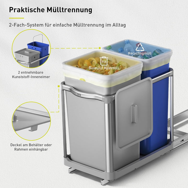 EKO DECO Mülleimer Küche Unterschrank, 34 L + 24 L, 2-fach Mülltrennsystem, ausziehbarer Mülleimer u