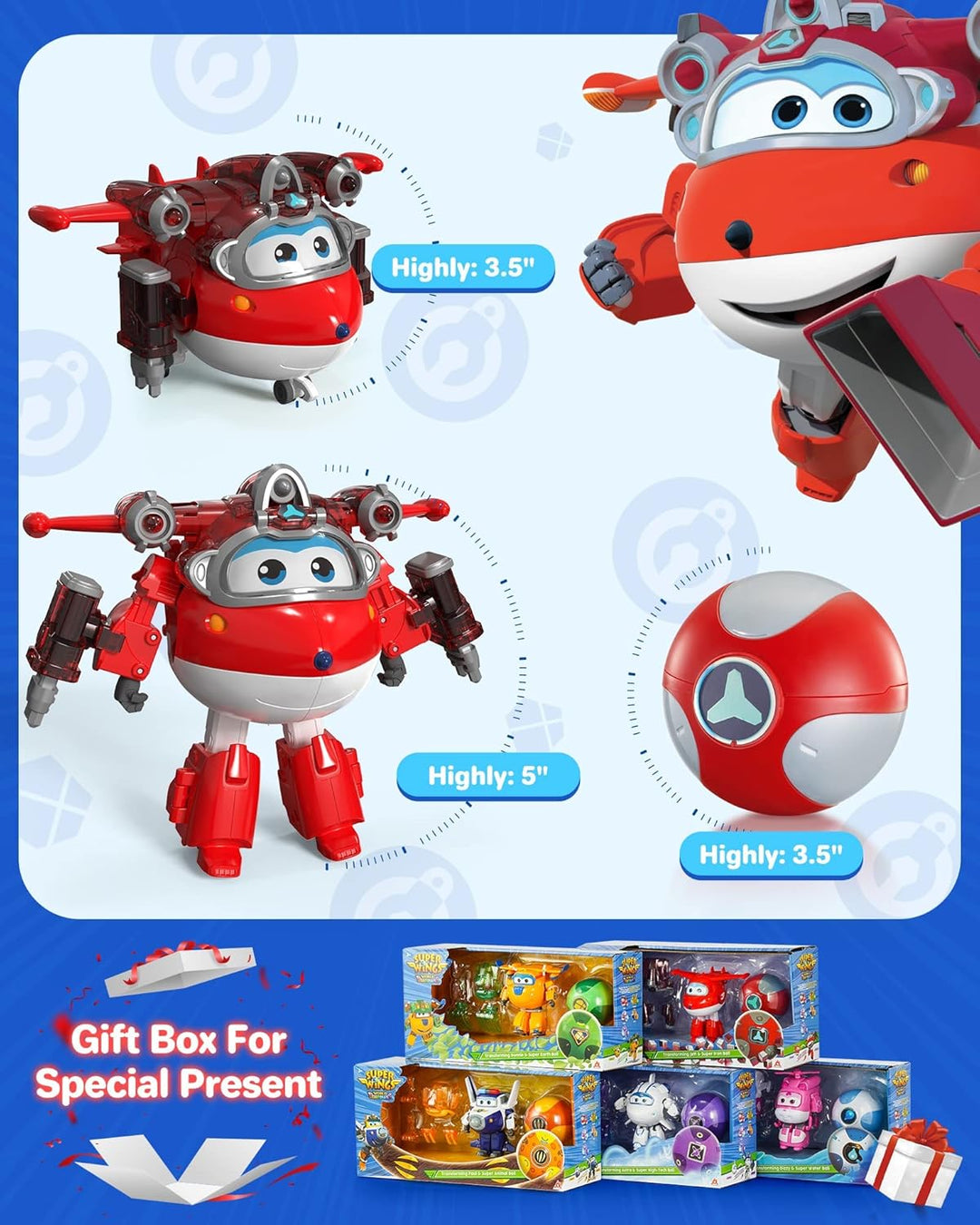 Super Wings EU760963 - Transforming Jett & Steel Power Ball, ca. 12,7 cm grosse verwandelbare Spiel-