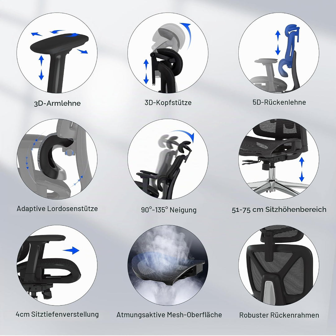 FLEXISPOT C7 LITE Ergonomischer Bürostuhl Schreibtischstuhl, 3D-Armlehnen, 3D-Kopfstütze, 5D-verstel