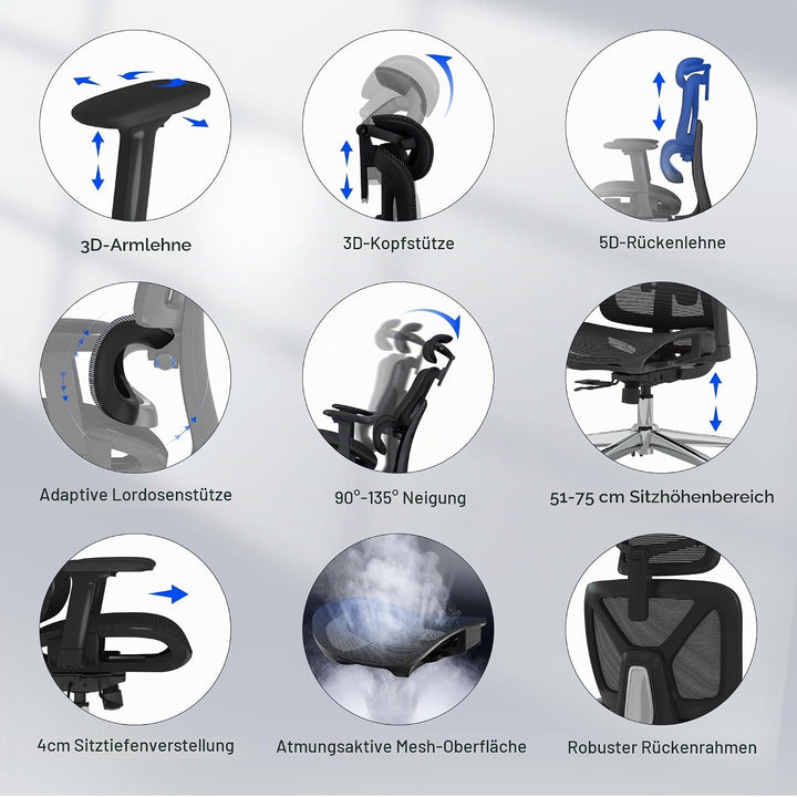 FLEXISPOT C7 LITE Ergonomischer Bürostuhl Schreibtischstuhl, 3D-Armlehnen, 3D-Kopfstütze, 5D-verstel