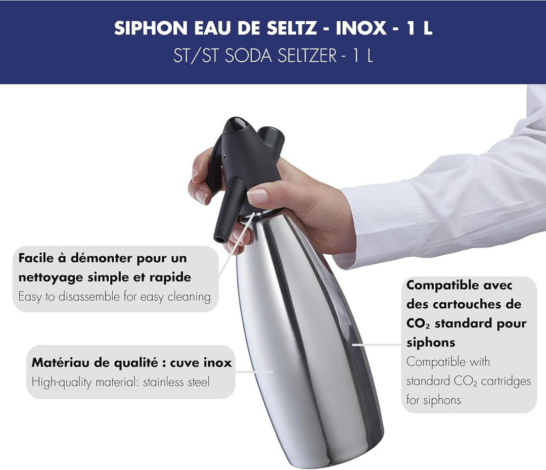 LOUIS TELLIER | Siphon für Sprudelwasser | Edelstahlbehälter | 1L | Sprudelwasser | Sprudelndes Wass