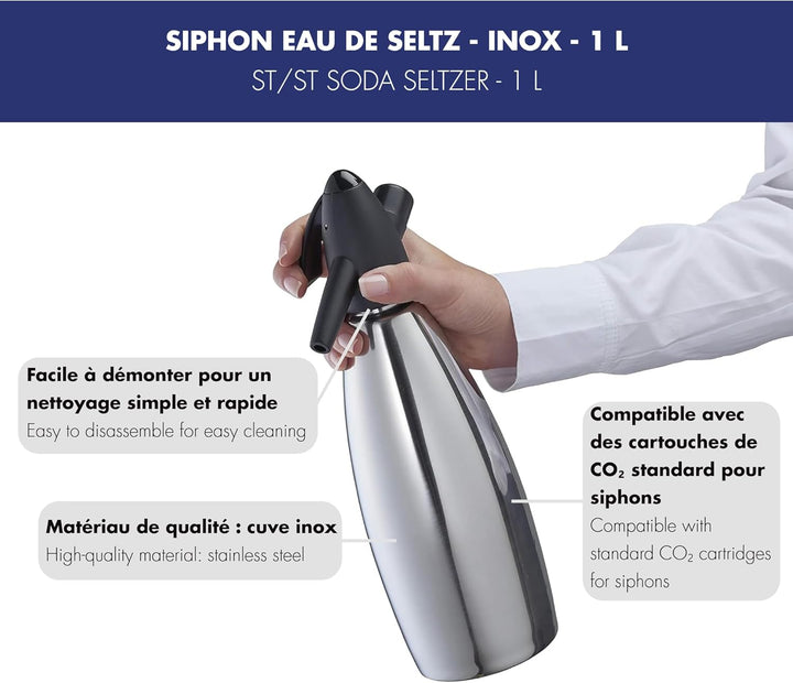 LOUIS TELLIER | Siphon für Sprudelwasser | Edelstahlbehälter | 1L | Sprudelwasser | Sprudelndes Wass