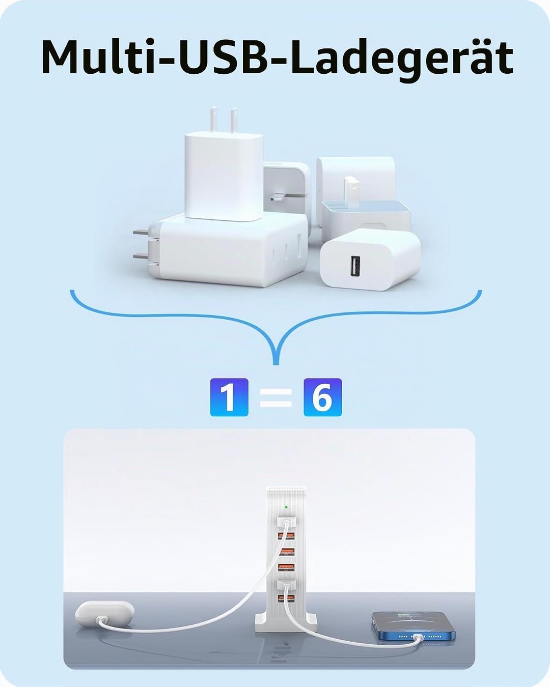 POANES 50W USB Ladegerät Mehrfach 6 Port USB Netzteile Handy Ladestation Weiss Steckdose für iPhone