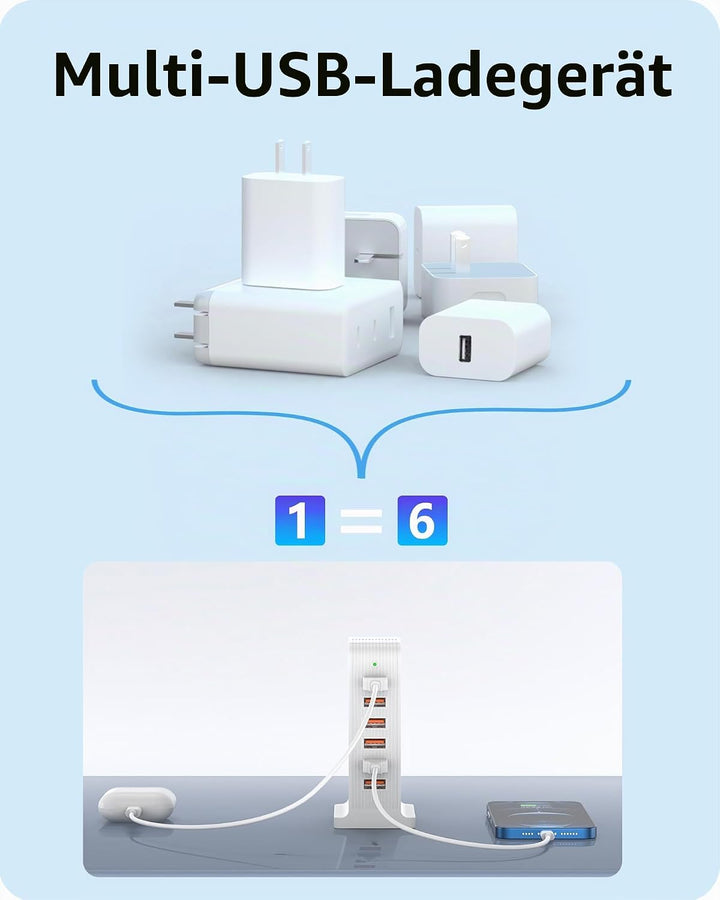 POANES 50W USB Ladegerät Mehrfach 6 Port USB Netzteile Handy Ladestation Weiss Steckdose für iPhone