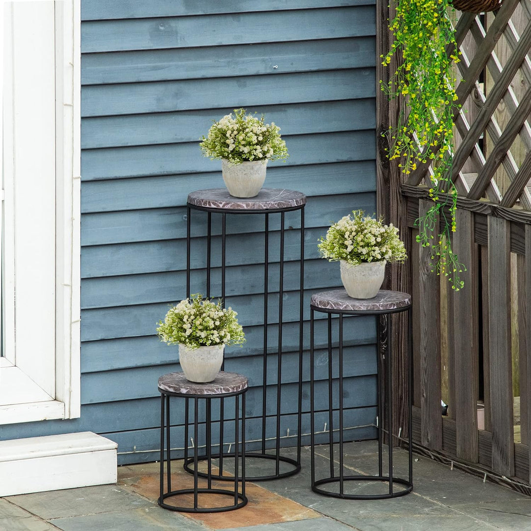 Outsunny Blumenständer 3er Set aus Metall Pflanzenständer Set in Marmoroptik Blumenhocker Blumentopf