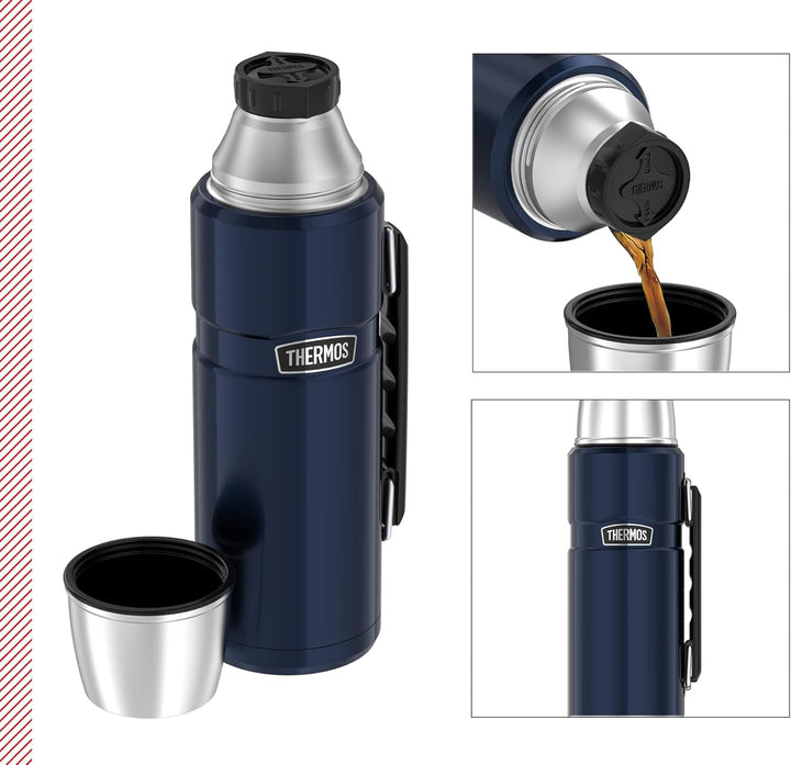 Thermos Stainless King Thermosflasche blau 1,20l - Edelstahl, absolut dicht, mit Trinkbecher und Gri