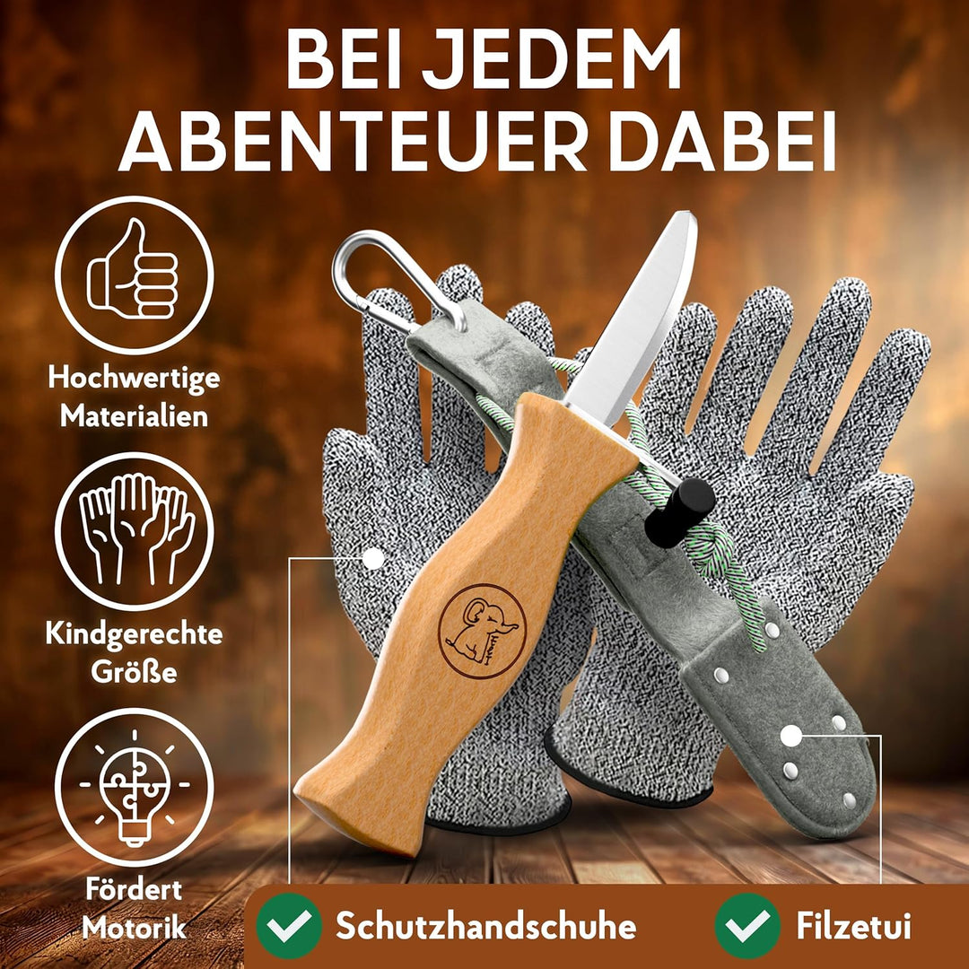 Eli® Schnitzmesser Kinder mit Filztasche und Schnitzholz ab 6 Jahre - hochwertiges Kindermesser Schn