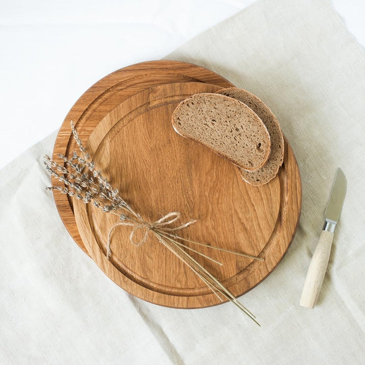 5X HOFMEISTER® Schneidebrett aus Eichen-Holz, rund 25 cm, kleines Tranchierbrett mit Saftrille, robu